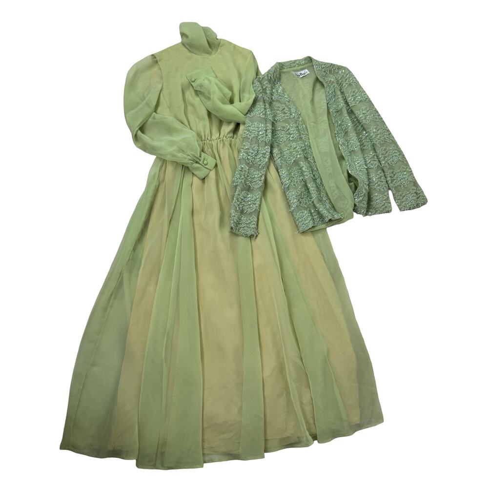 Vintage 70s Jack Bryan Chartreuse Beaded Lace Jacket & Chiffon Maxi Dress Set XS